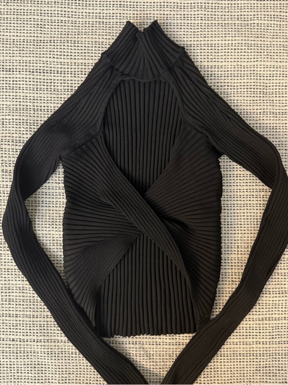 Twist Front Ribbed Black Long Sleeve Sweater